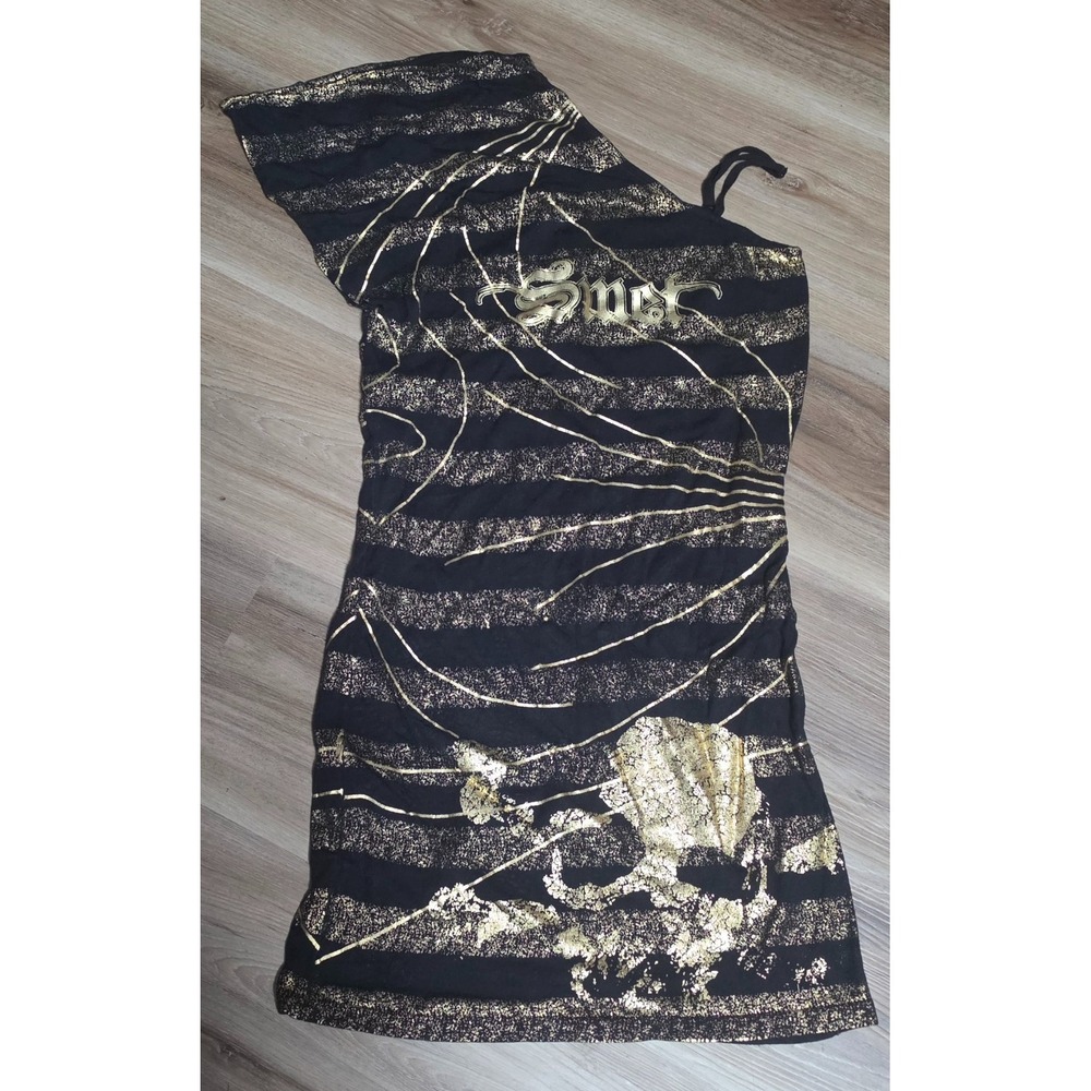 SMET Born on The Street Y2K Black Gold Zebra Skull Graphic Dress XS SMH412